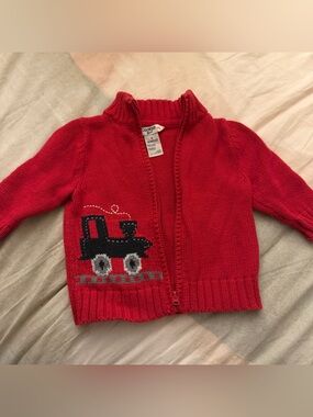 OshKosh B'gosh | vintage Red Zip-Front Baby Cardigan with Train Applique